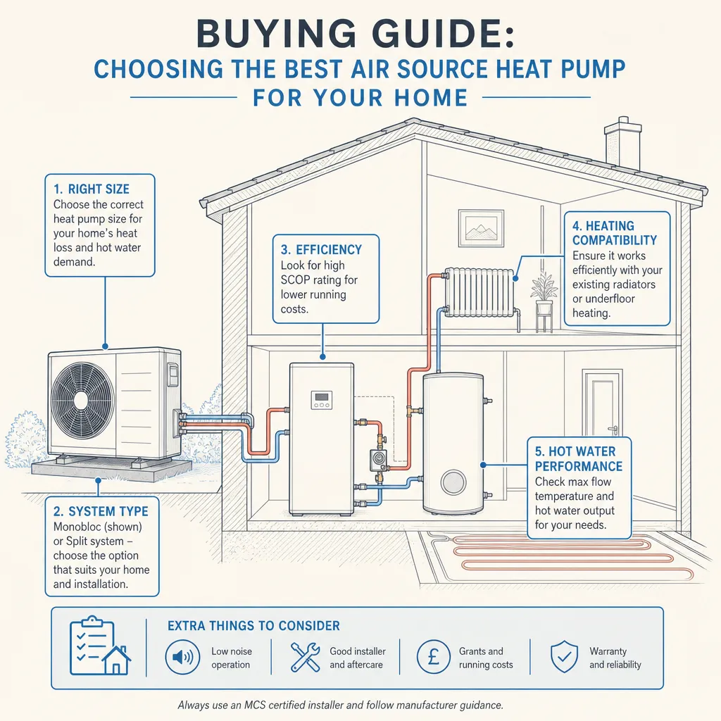 Diagram illustrating: Buying guide: choosing the best air source heat pump for your home