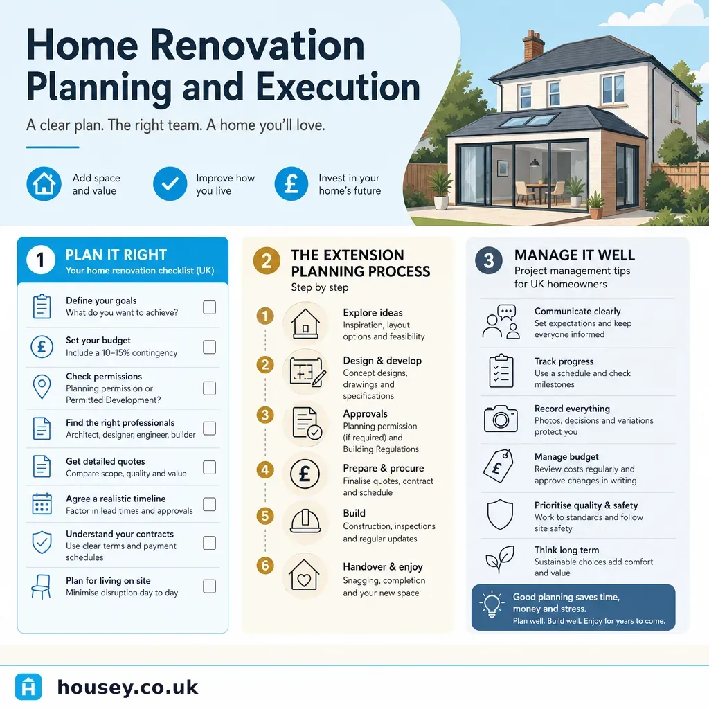 Infographic illustrating: Home Renovation Planning and Execution