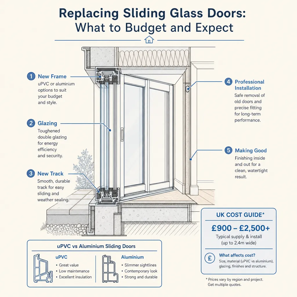 Diagram illustrating: Replacing Sliding Glass Doors: What to Budget and Expect