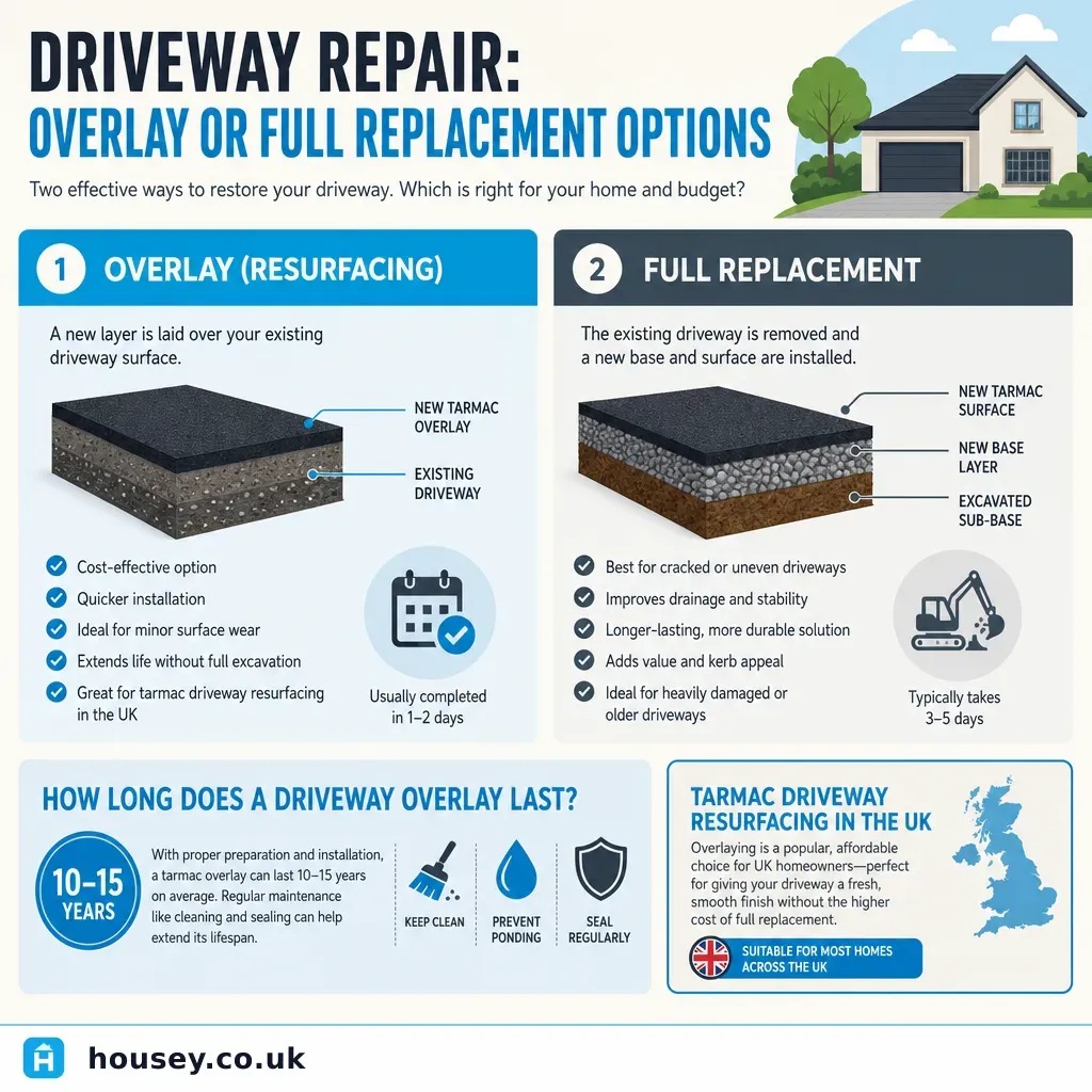 Infographic illustrating: Driveway Repair: Overlay or Full Replacement Options