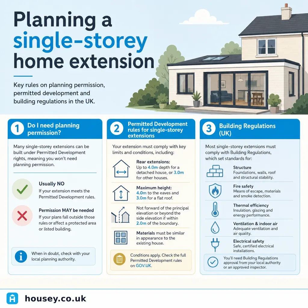 Infographic illustrating: Planning a single-storey home extension