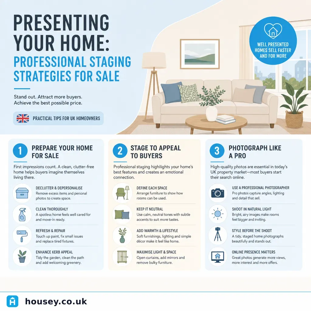 Infographic illustrating: Presenting Your Home: Professional Staging Strategies for Sale
