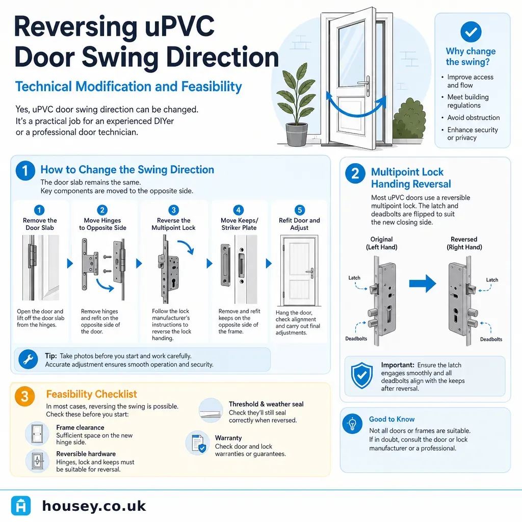 Infographic illustrating: Reversing uPVC Door Swing Direction: Technical Modification and Feasibility
