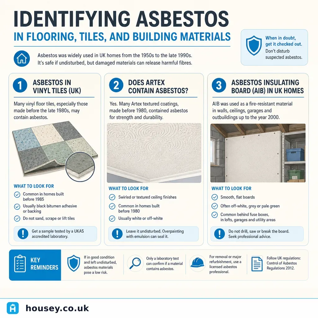Infographic illustrating: Identifying asbestos in flooring, tiles, and building materials