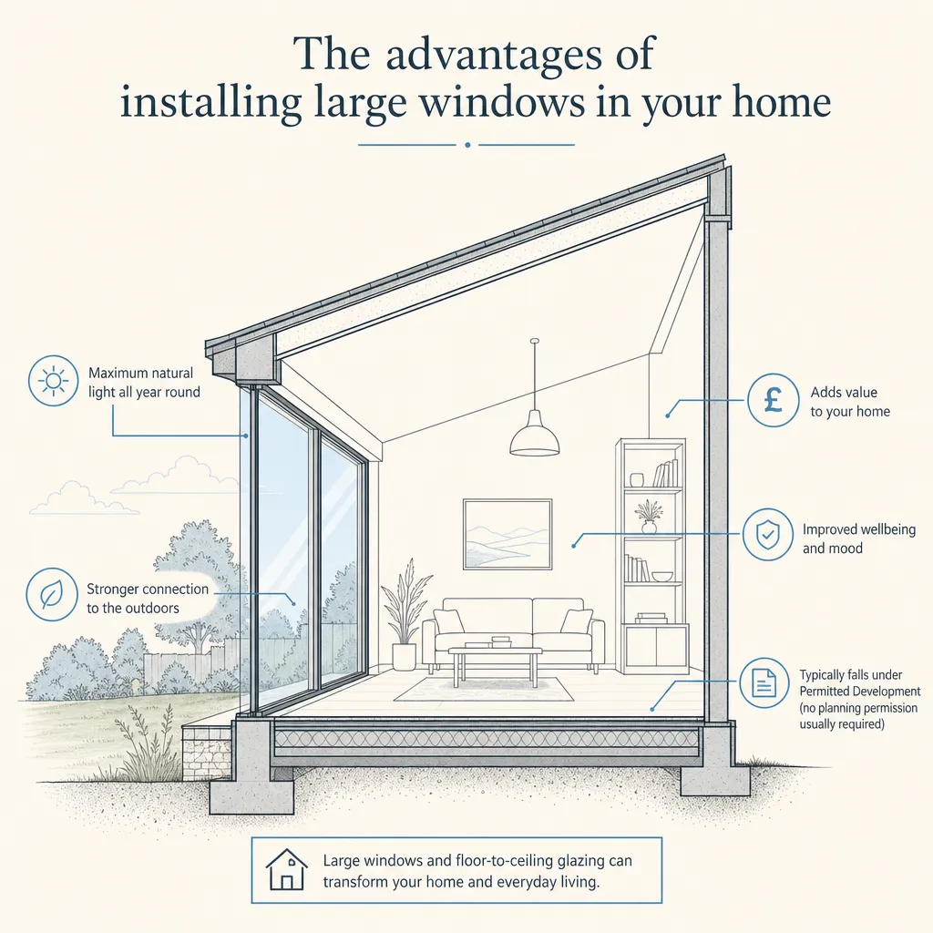 Diagram illustrating: The advantages of installing large windows in your home