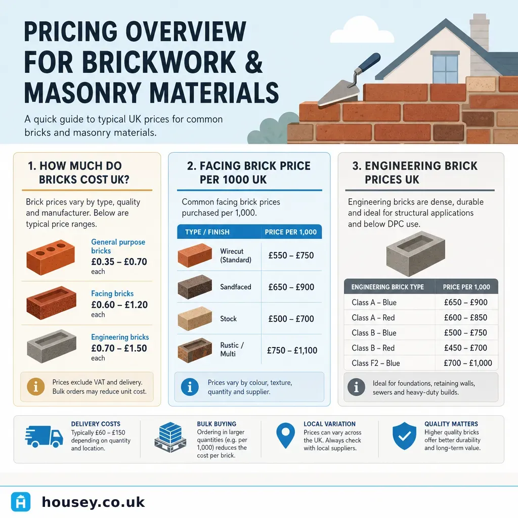 Infographic illustrating: Pricing overview for brickwork and masonry materials
