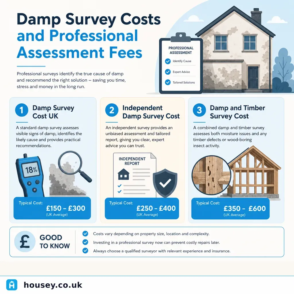 Infographic illustrating: Damp Survey Costs and Professional Assessment Fees