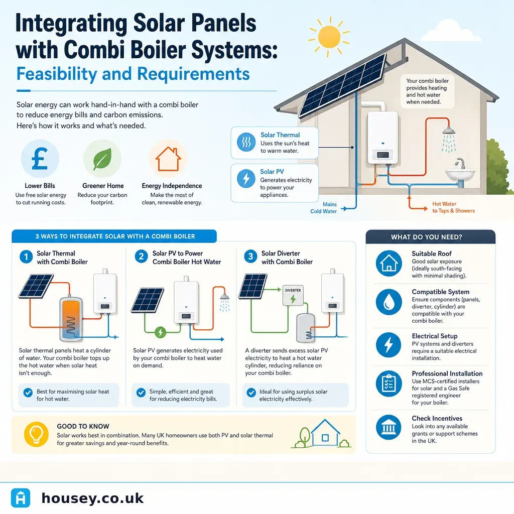 Infographic illustrating: Integrating Solar Panels with Combi Boiler Systems: Feasibility and Requirements