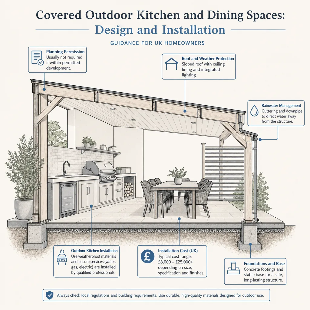 Diagram illustrating: Covered Outdoor Kitchen and Dining Spaces: Design and Installation