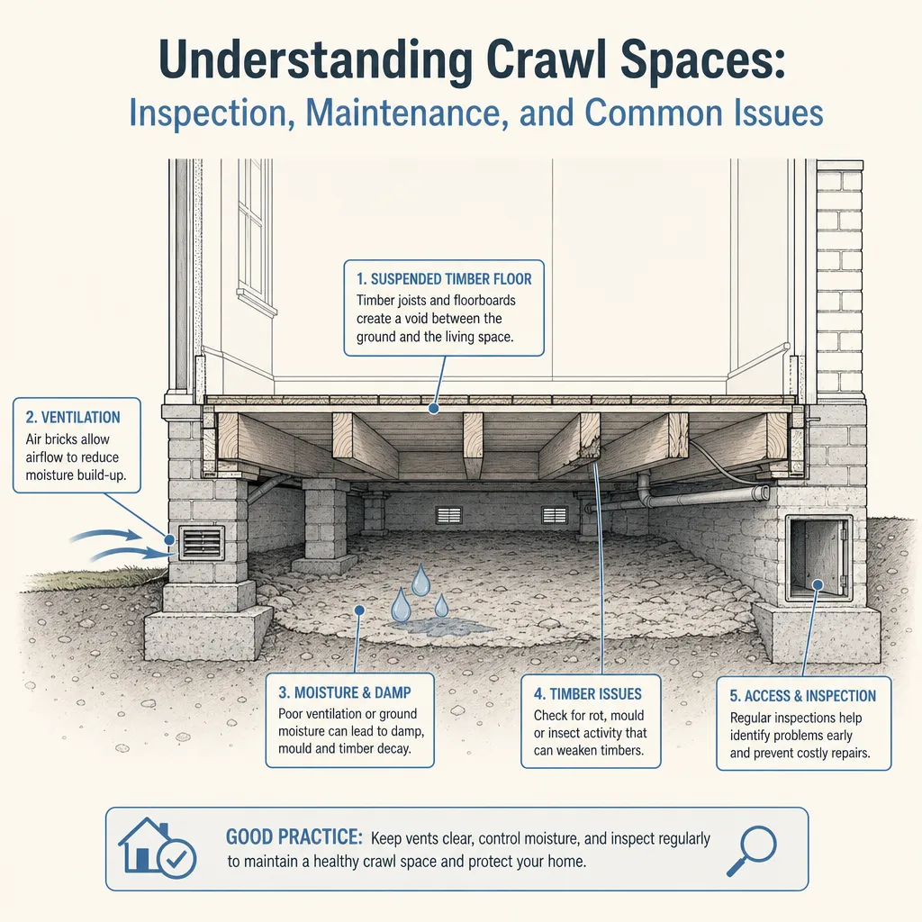 Diagram illustrating: Understanding Crawl Spaces: Inspection, Maintenance, and Common Issues