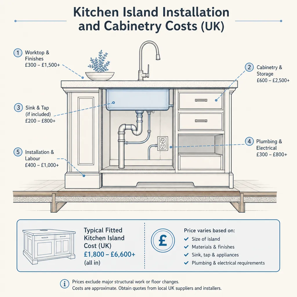 Diagram illustrating: Kitchen Island Installation and Cabinetry Costs