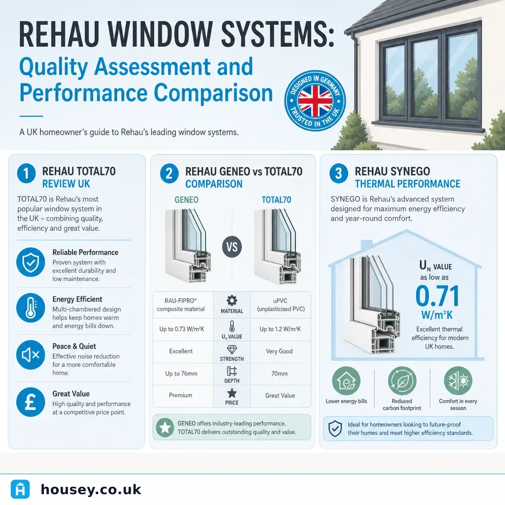 Infographic illustrating: Rehau Window Systems: Quality Assessment and Performance Comparison