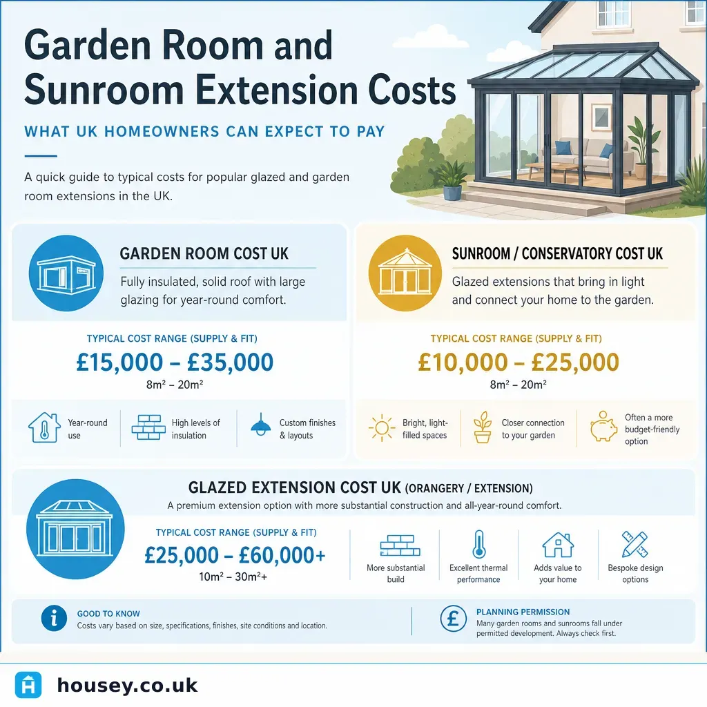 Infographic illustrating: Garden Room and Sunroom Extension Costs