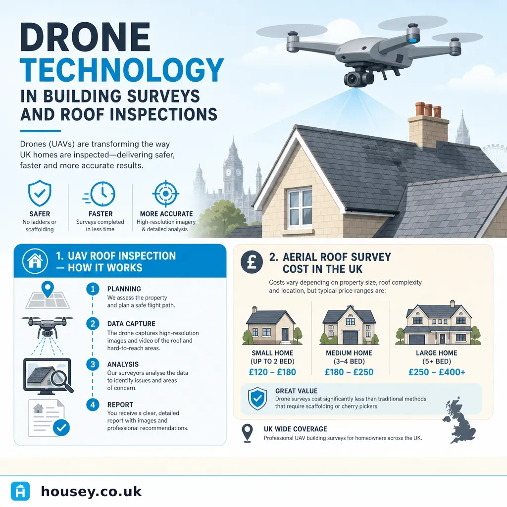 Infographic illustrating: Drone Technology in Building Surveys and Roof Inspections