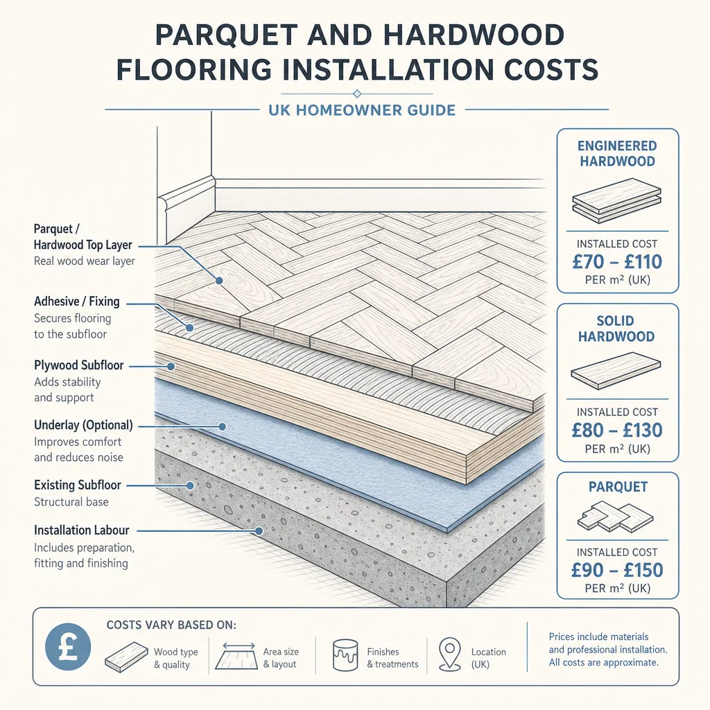 Diagram illustrating: Parquet and Hardwood Flooring Installation Costs