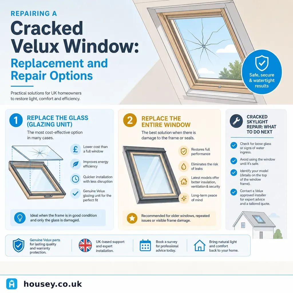 Infographic illustrating: Repairing a Cracked Velux Window: Replacement and Repair Options