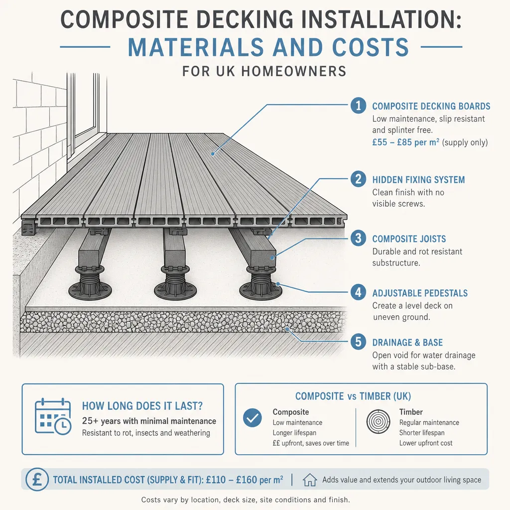 Diagram illustrating: Composite Decking Installation: Materials and Costs