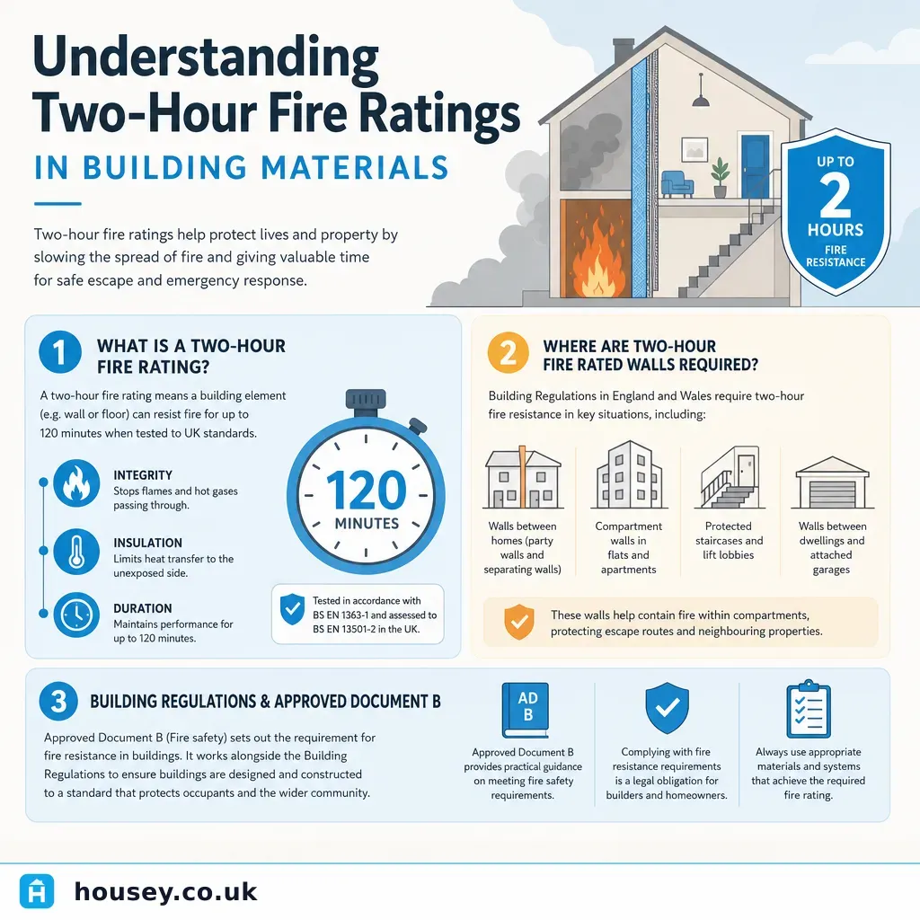 Infographic illustrating: Understanding Two-Hour Fire Ratings in Building Materials
