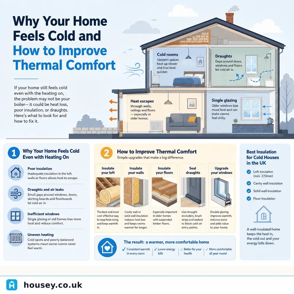 Infographic illustrating: Why Your Home Feels Cold and How to Improve Thermal Comfort