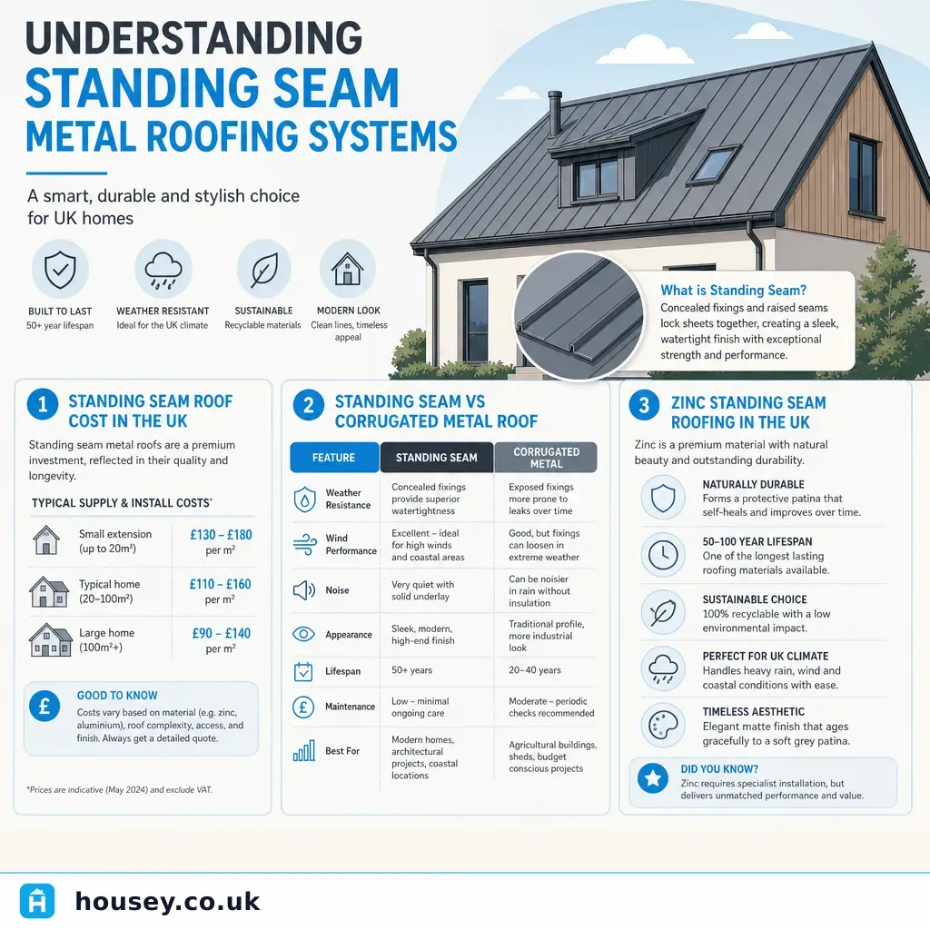 Infographic illustrating: Understanding Standing Seam Metal Roofing Systems