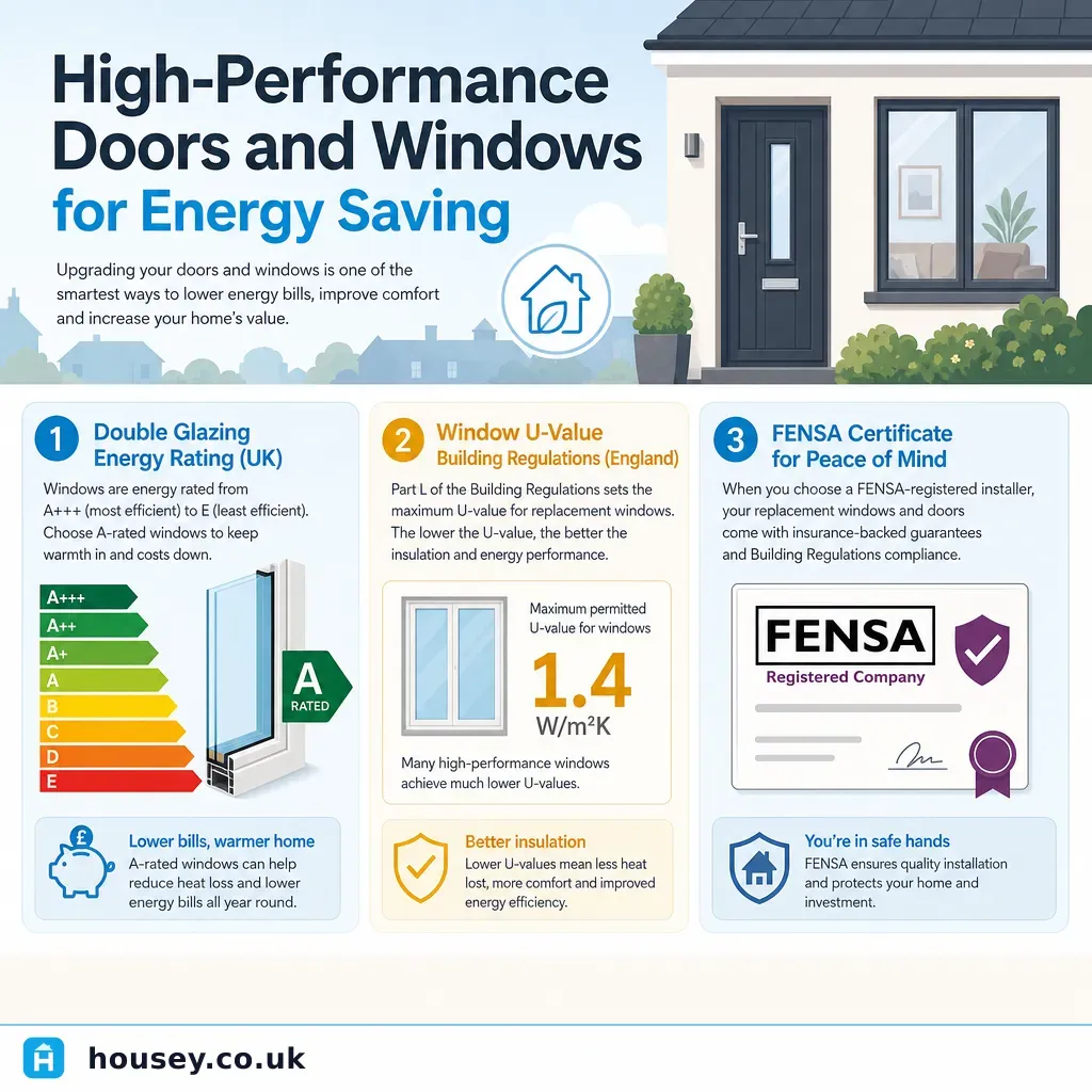 Infographic illustrating: High-Performance Doors and Windows for Energy Saving