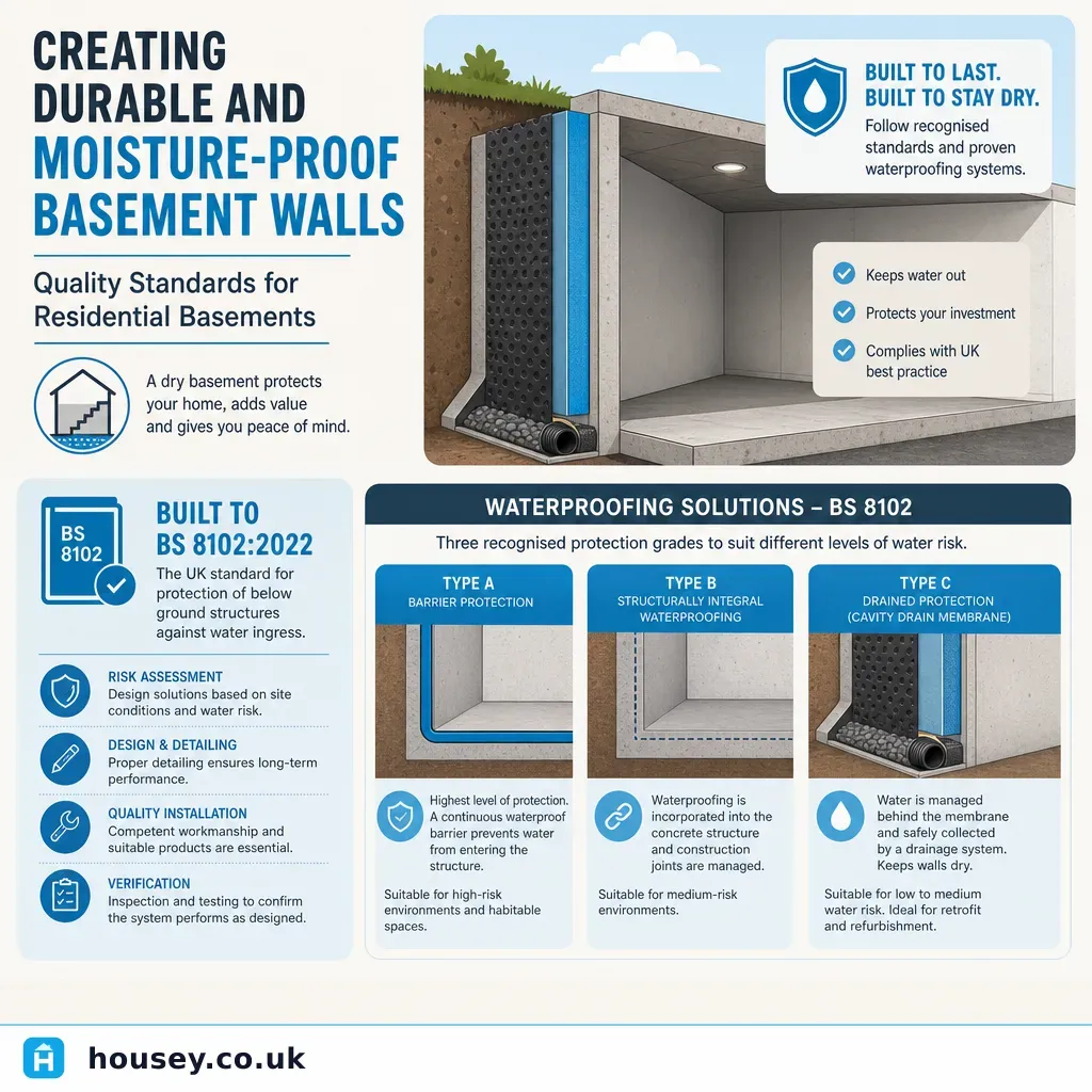 Infographic illustrating: Creating Durable and Moisture-Proof Basement Walls: Quality Standards for Residential Basements