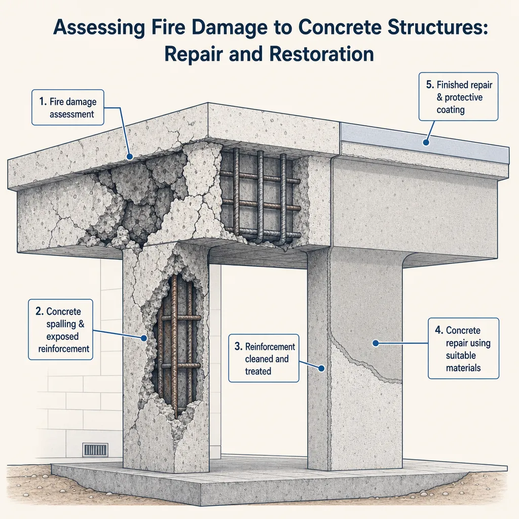 Diagram illustrating: Assessing Fire Damage to Concrete Structures: Repair and Restoration