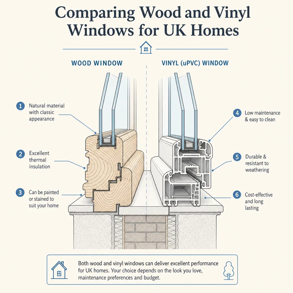 Diagram illustrating: Comparing Wood and Vinyl Windows for UK Homes
