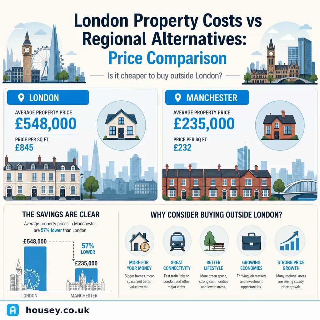 Infographic illustrating: London Property Costs vs Regional Alternatives: Price Comparison