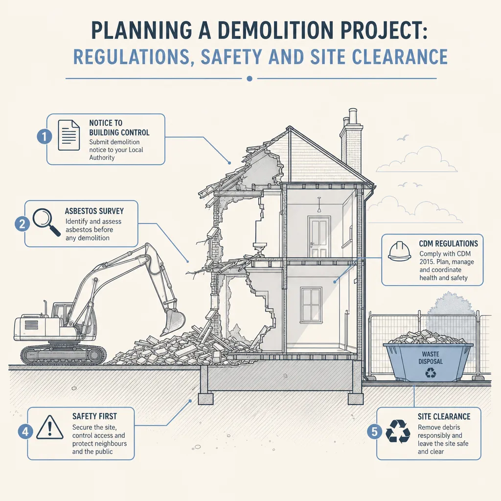 Diagram illustrating: Planning a Demolition Project: Regulations, Safety and Site Clearance
