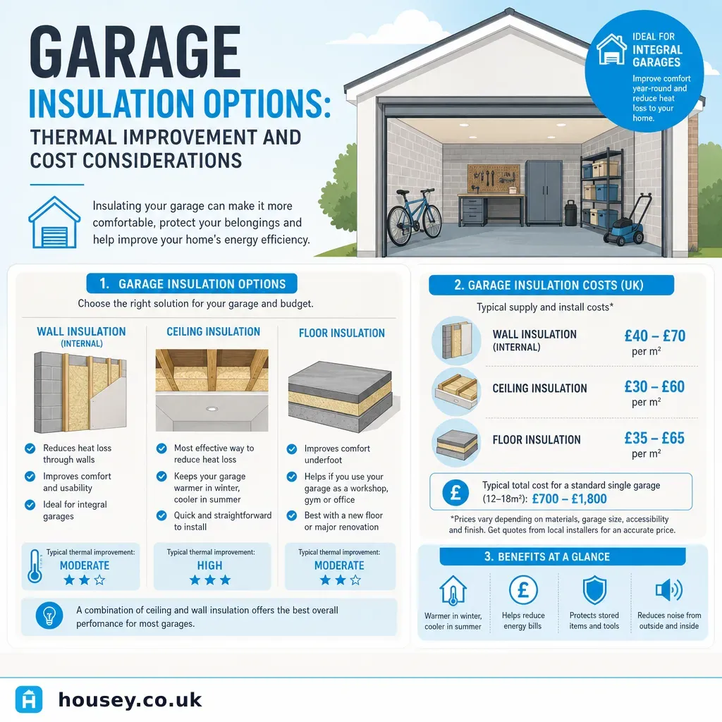 Infographic illustrating: Garage Insulation Options: Thermal Improvement and Cost Considerations
