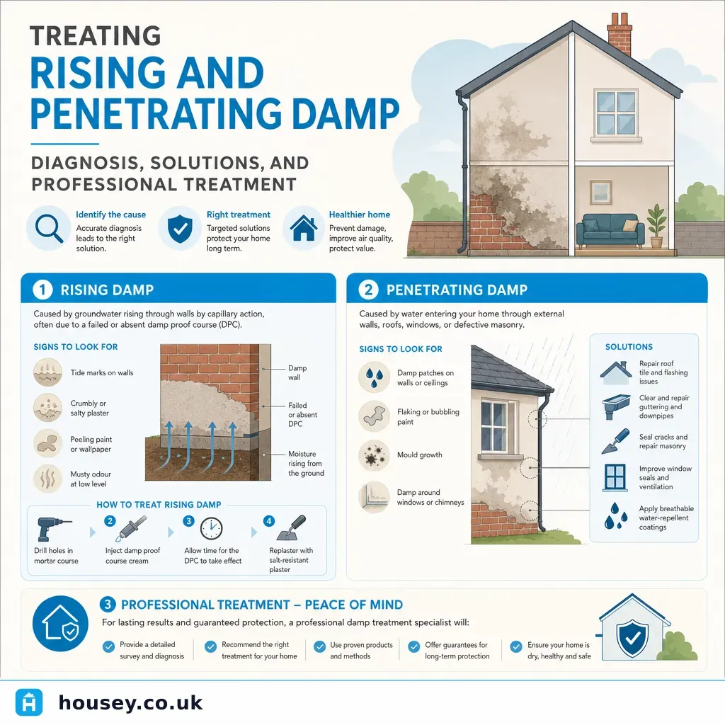 Infographic illustrating: Treating Rising and Penetrating Damp: Diagnosis, Solutions, and Professional Treatment