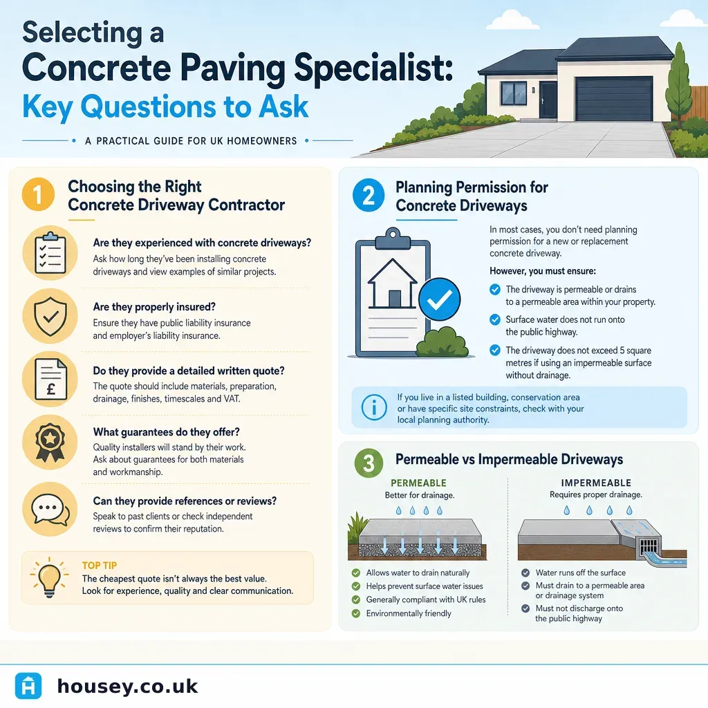 Infographic illustrating: Selecting a Concrete Paving Specialist: Key Questions to Ask