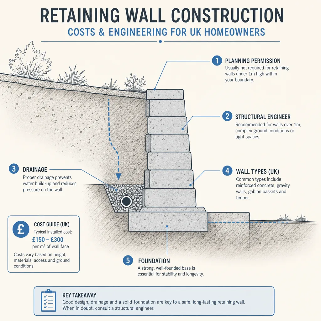 Diagram illustrating: Retaining Wall Construction: Costs and Engineering
