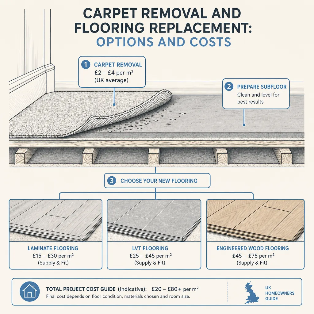 Diagram illustrating: Carpet Removal and Flooring Replacement: Options and Costs