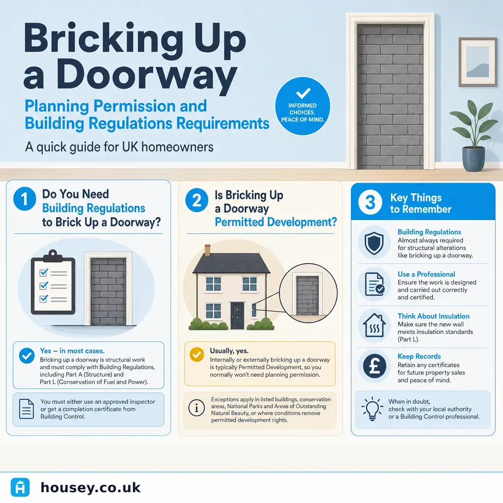 Infographic illustrating: Bricking Up a Doorway: Planning Permission and Building Regulations Requirements