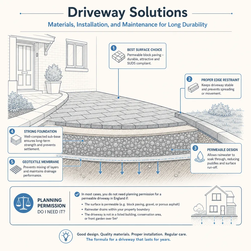 Diagram illustrating: Driveway Solutions: Materials, Installation, and Maintenance for Long Durability