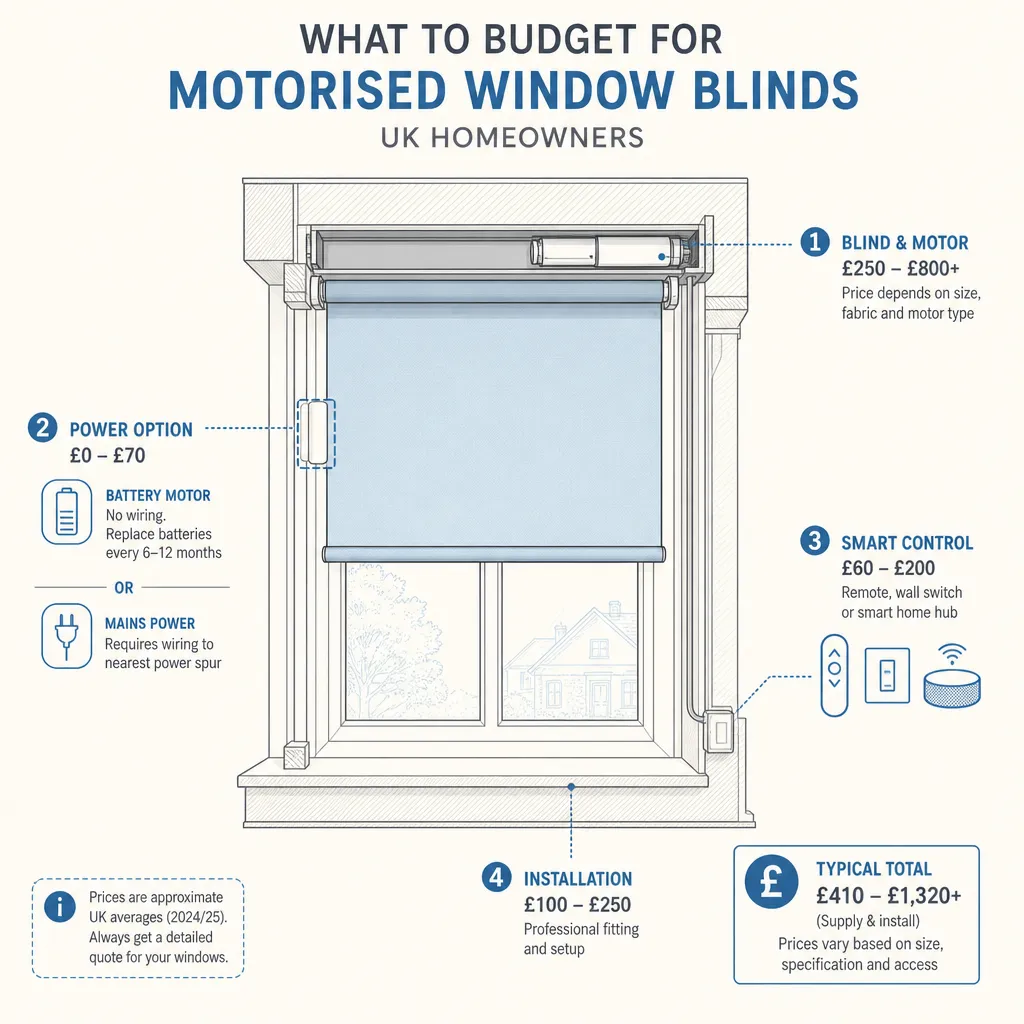 Diagram illustrating: What to budget for motorised window blinds