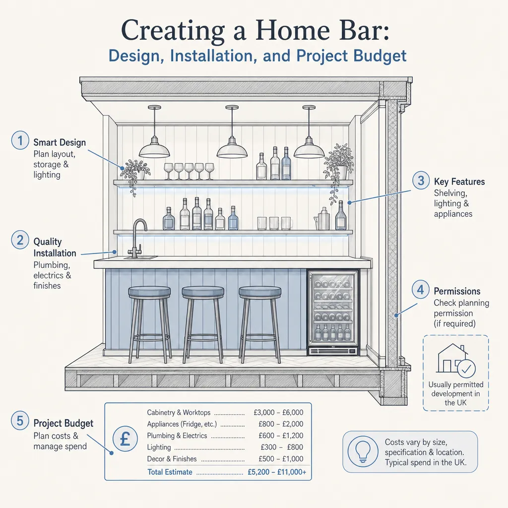 Diagram illustrating: Creating a Home Bar: Design, Installation, and Project Budget