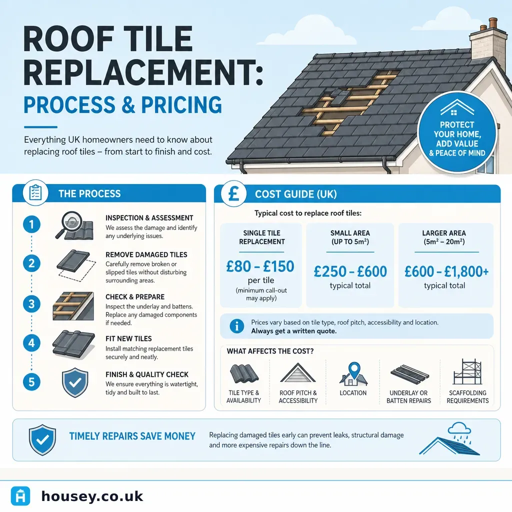 Infographic illustrating: Roof Tile Replacement: Process and Pricing