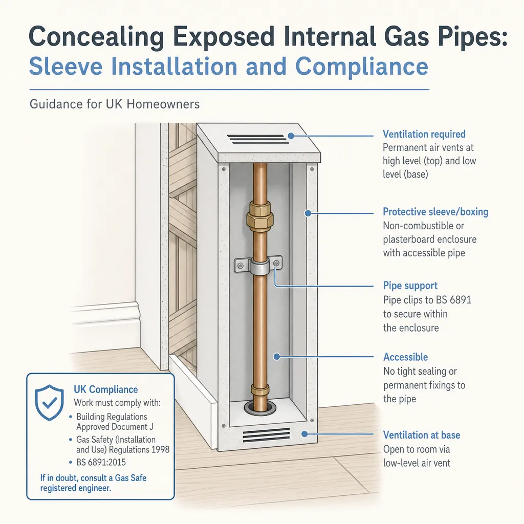 Diagram illustrating: Concealing Exposed Internal Gas Pipes: Sleeve Installation and Compliance