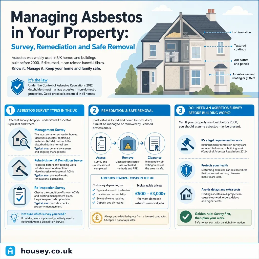 Infographic illustrating: Managing Asbestos in Your Property: Survey, Remediation and Safe Removal