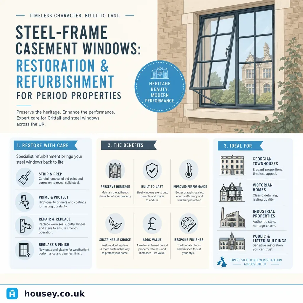 Infographic illustrating: Steel-Frame Casement Windows: Restoration and Refurbishment for Period Properties