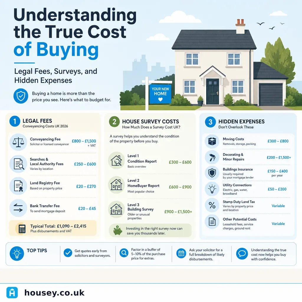 Infographic illustrating: Understanding the True Cost of Buying: Legal Fees, Surveys, and Hidden Expenses