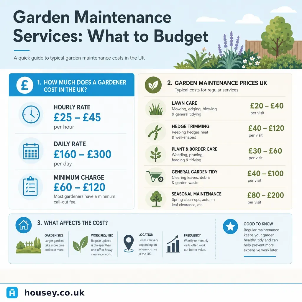 Infographic illustrating: Garden Maintenance Services: What to Budget