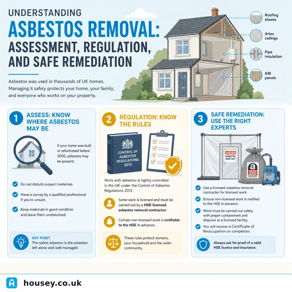 Infographic illustrating: Understanding Asbestos Removal: Assessment, Regulation, and Safe Remediation