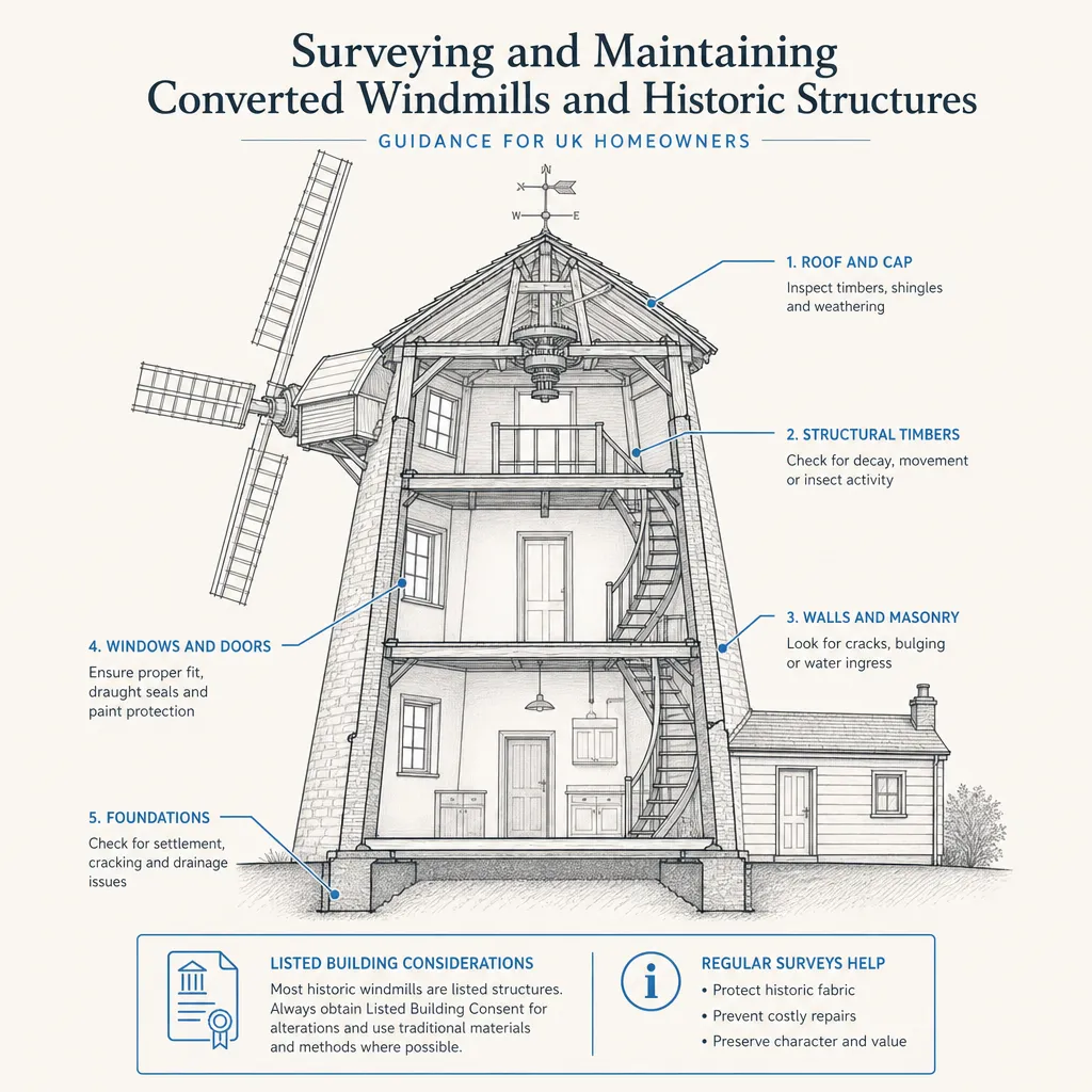 Diagram illustrating: Surveying and Maintaining Converted Windmills and Historic Structures