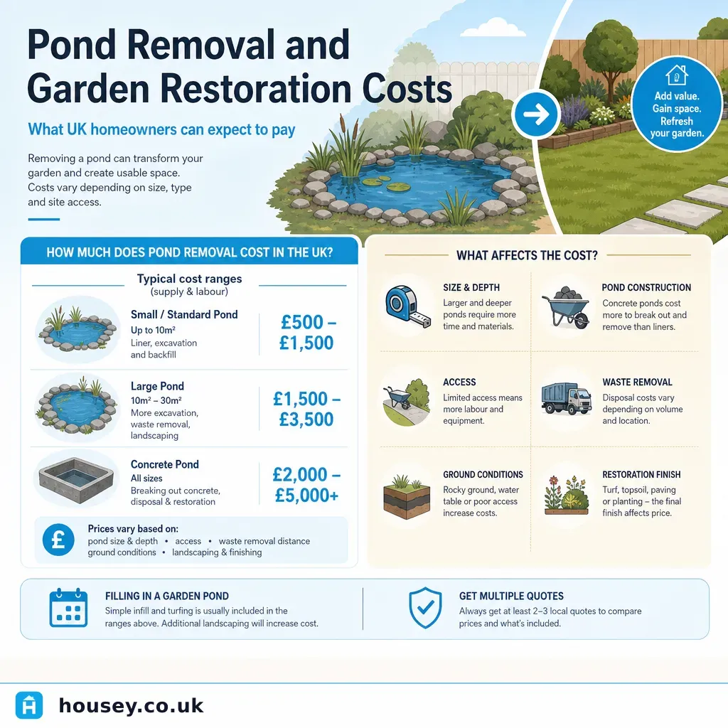 Infographic illustrating: Pond Removal and Garden Restoration Costs
