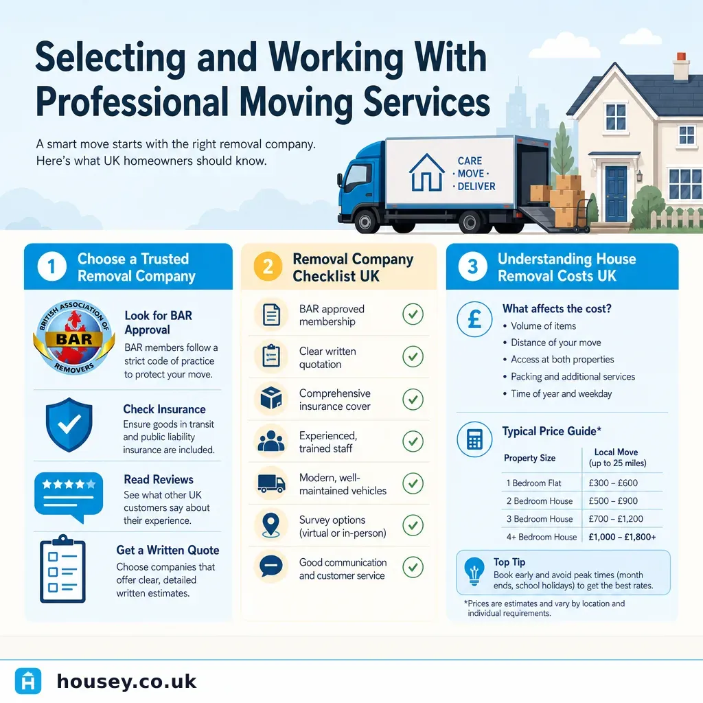 Infographic illustrating: Selecting and Working With Professional Moving Services
