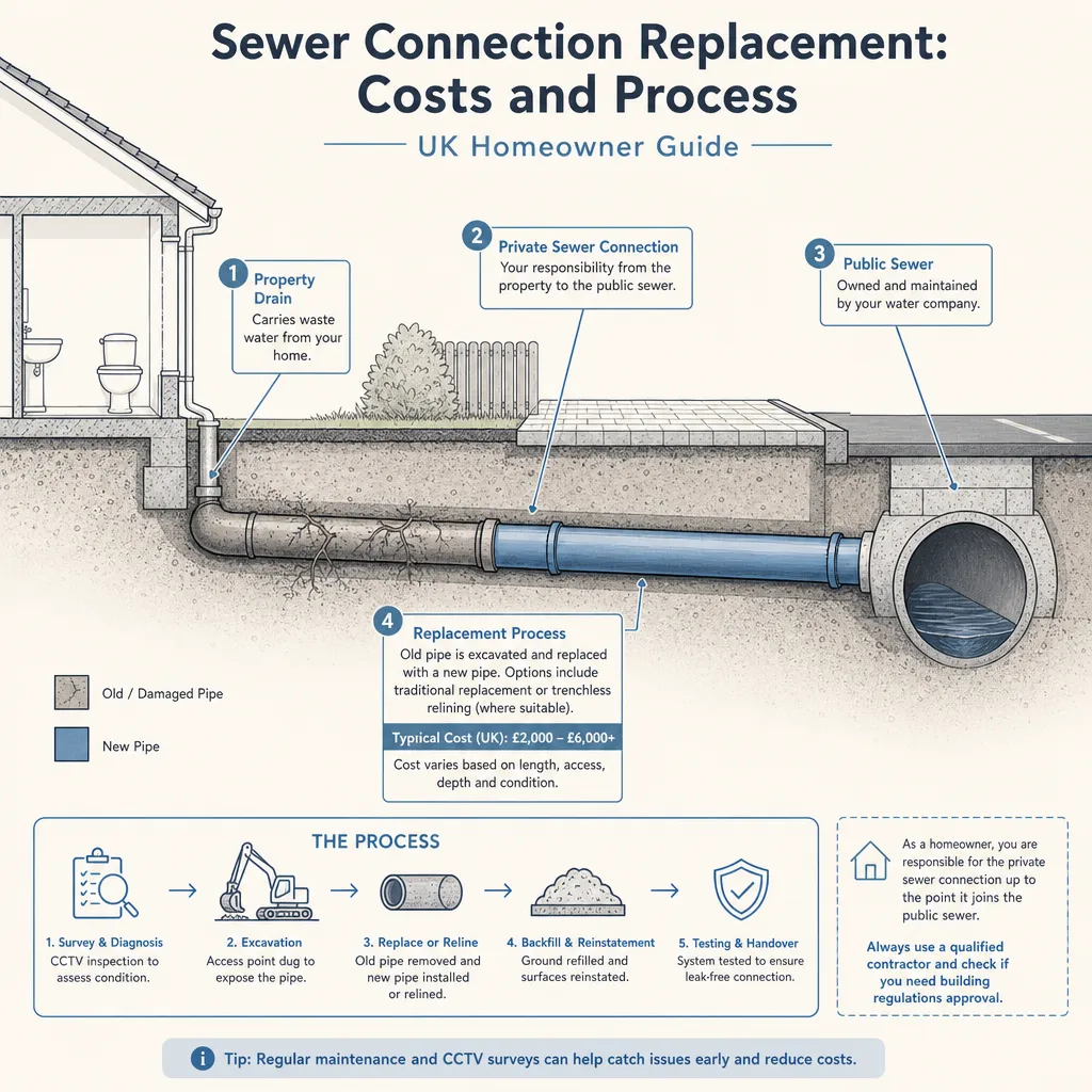 Diagram illustrating: Sewer Connection Replacement: Costs and Process